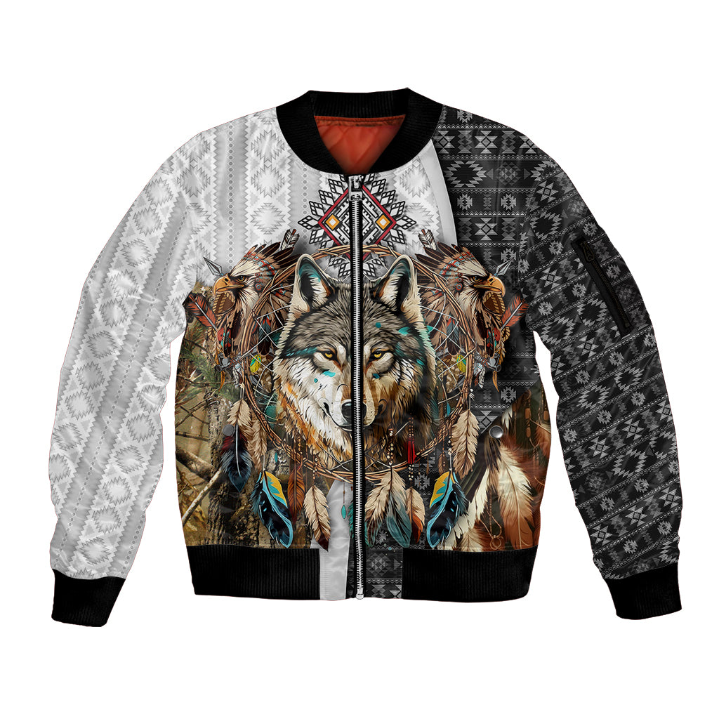 Native American Wolf Dreamcatcher with Eagles Feathers Sleeve Zip Bomber Jacket - Wonder Print Shop