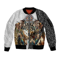 Native American Wolf Dreamcatcher with Eagles Feathers Sleeve Zip Bomber Jacket - Wonder Print Shop