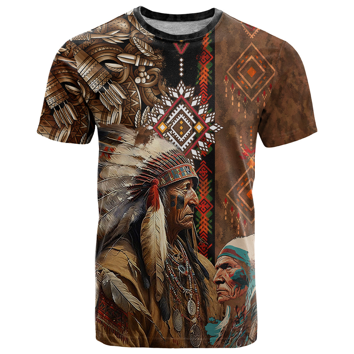 Native American Chiefs Headdress Warrior With Eagle Wolves T Shirt - Wonder Print Shop
