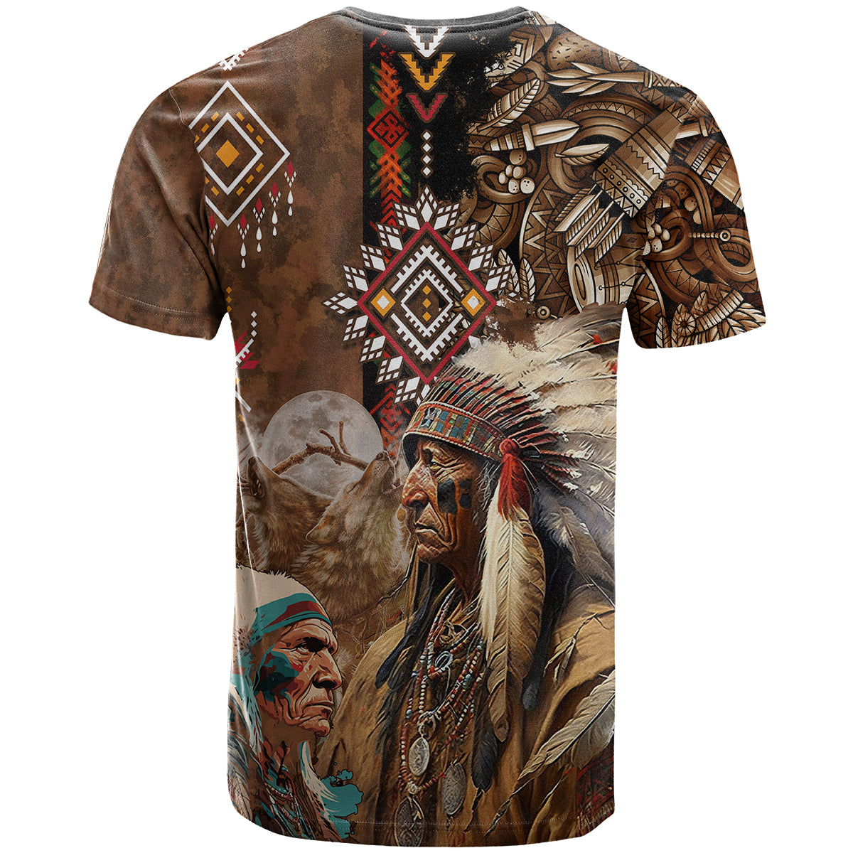 Native American Chiefs Headdress Warrior With Eagle Wolves T Shirt - Wonder Print Shop