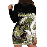 Black hoodie dress with camo bass graphic and large yellow 'YOURTEX' text on back