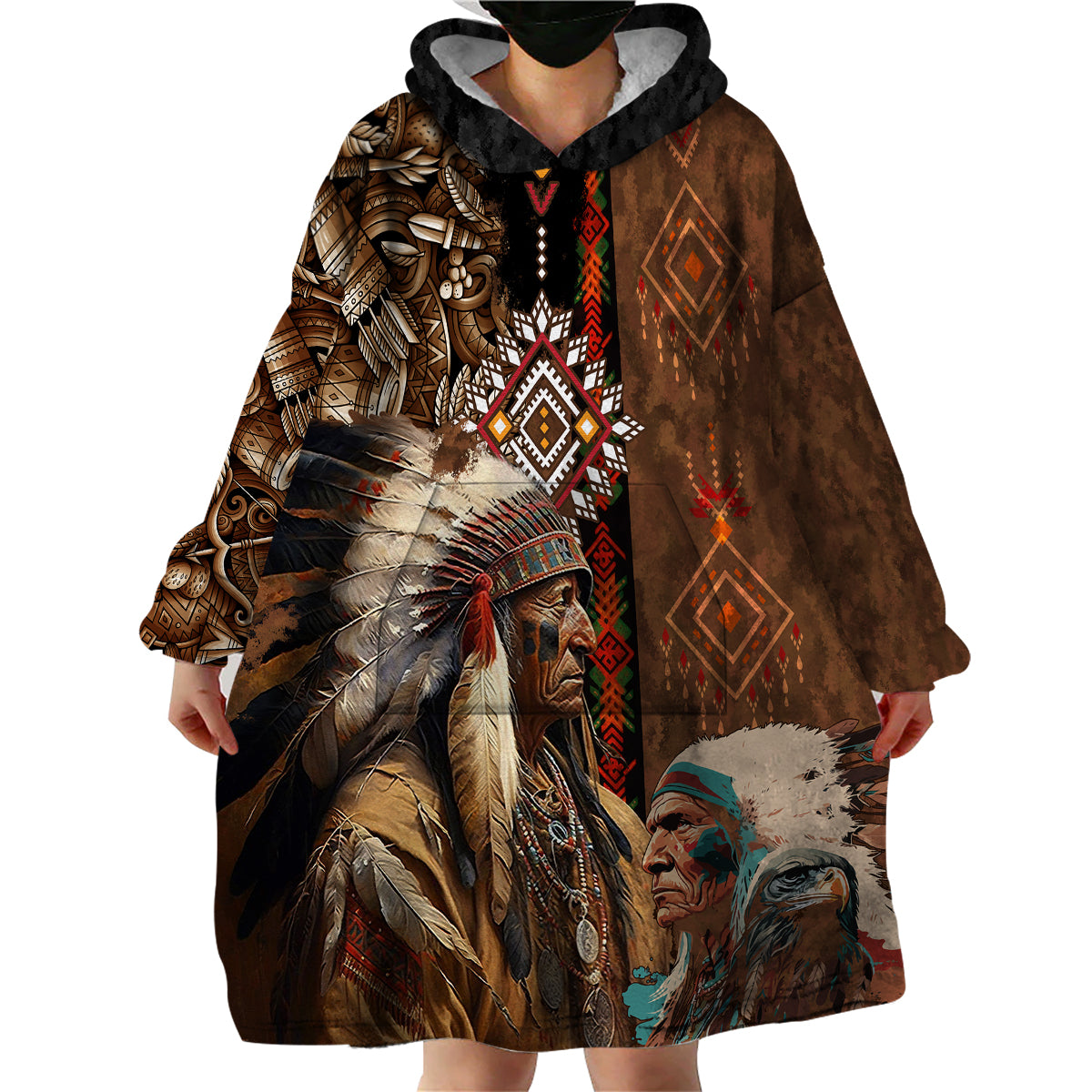 Native American Chiefs Headdress Warrior With Eagle Wolves Wearable Blanket Hoodie - Wonder Print Shop