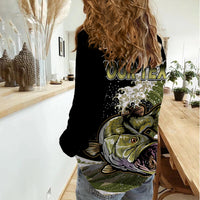 Women casual shirt with back print: big bass fish graphic and bold lettering