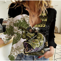 Women casual V-neck shirt with large bass fish graphic and colorful text print