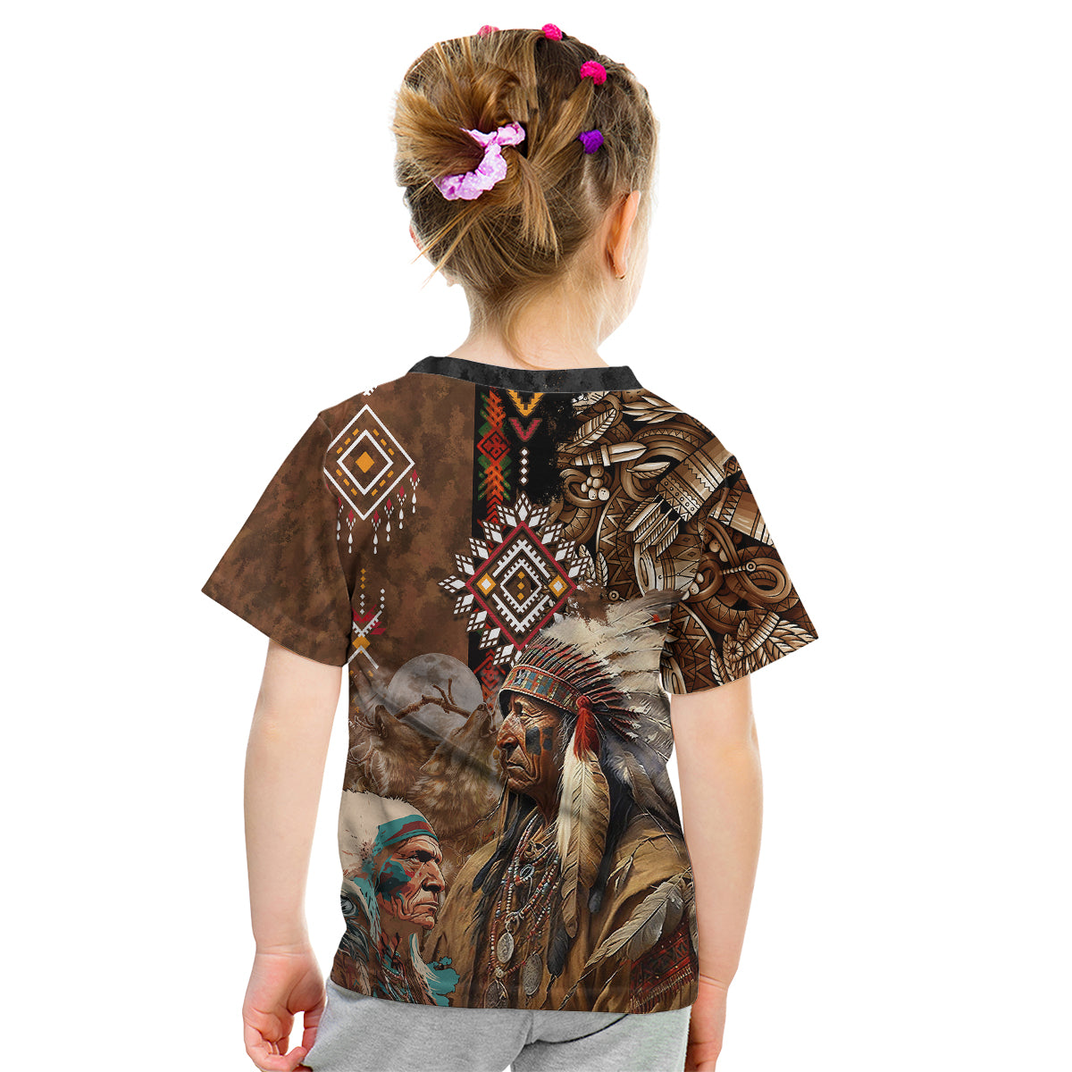 Native American Chiefs Headdress Warrior With Eagle Wolves Kid T Shirt - Wonder Print Shop