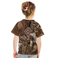 Native American Chiefs Headdress Warrior With Eagle Wolves Kid T Shirt - Wonder Print Shop