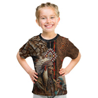 Native American Chiefs Headdress Warrior With Eagle Wolves Kid T Shirt - Wonder Print Shop