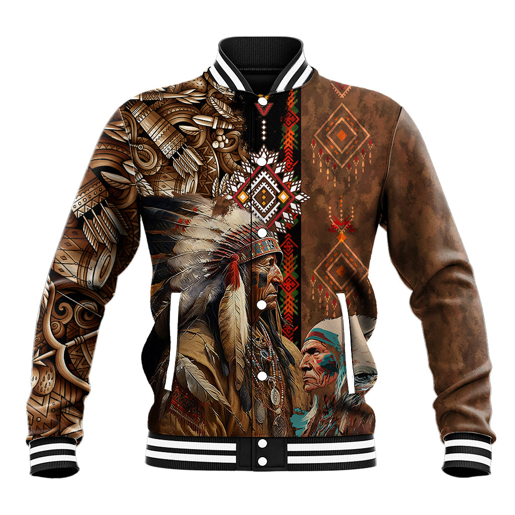 Native American Chiefs Headdress Warrior With Eagle Wolves Baseball Jacket - Wonder Print Shop