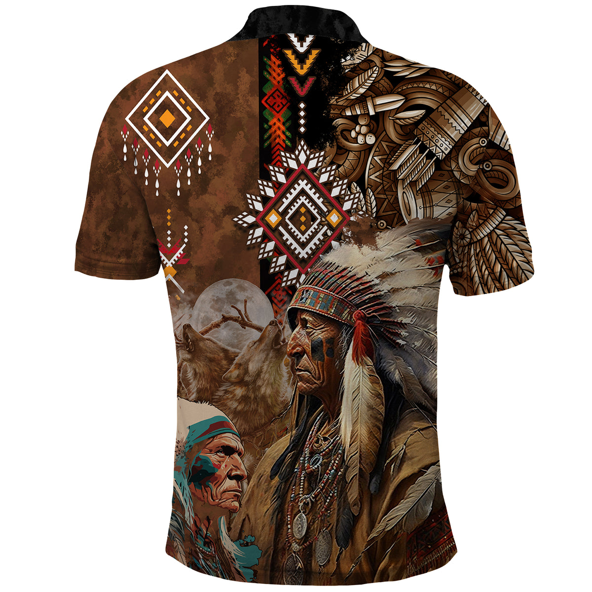 Native American Chiefs Headdress Warrior With Eagle Wolves Polo Shirt - Wonder Print Shop