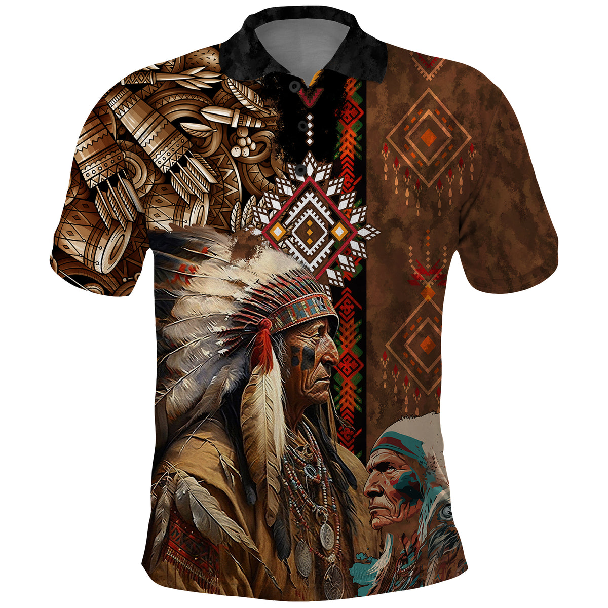 Native American Chiefs Headdress Warrior With Eagle Wolves Polo Shirt - Wonder Print Shop
