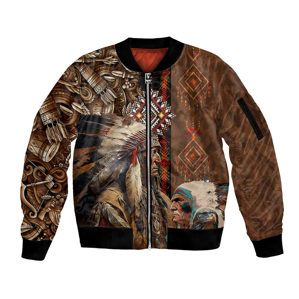 Native American Chiefs Headdress Warrior With Eagle Wolves Sleeve Zip Bomber Jacket - Wonder Print Shop