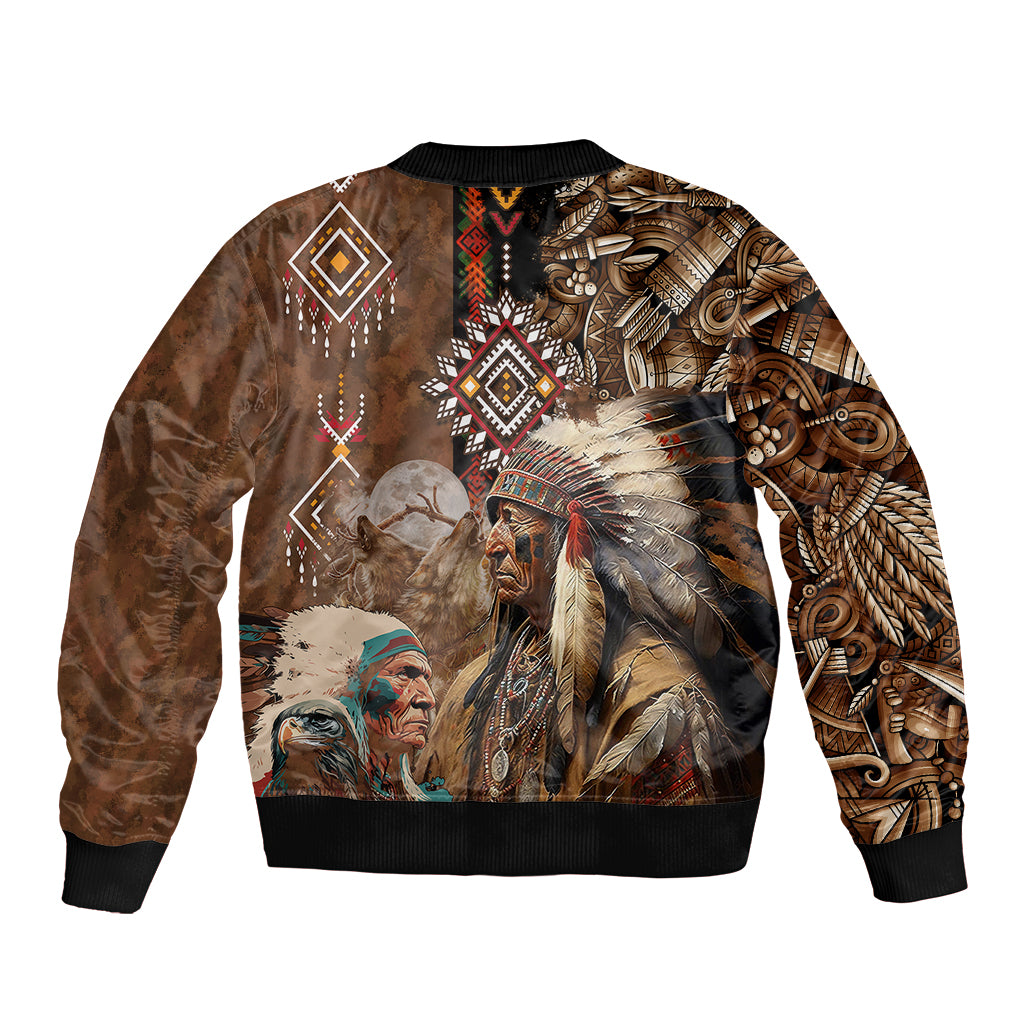 Native American Chiefs Headdress Warrior With Eagle Wolves Sleeve Zip Bomber Jacket - Wonder Print Shop