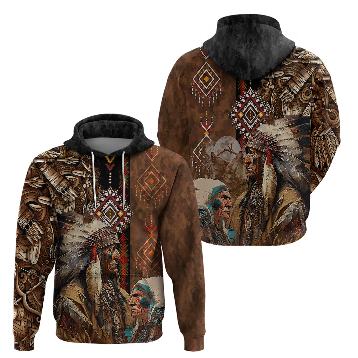 Native American Chiefs Headdress Warrior With Eagle Wolves Hoodie - Wonder Print Shop