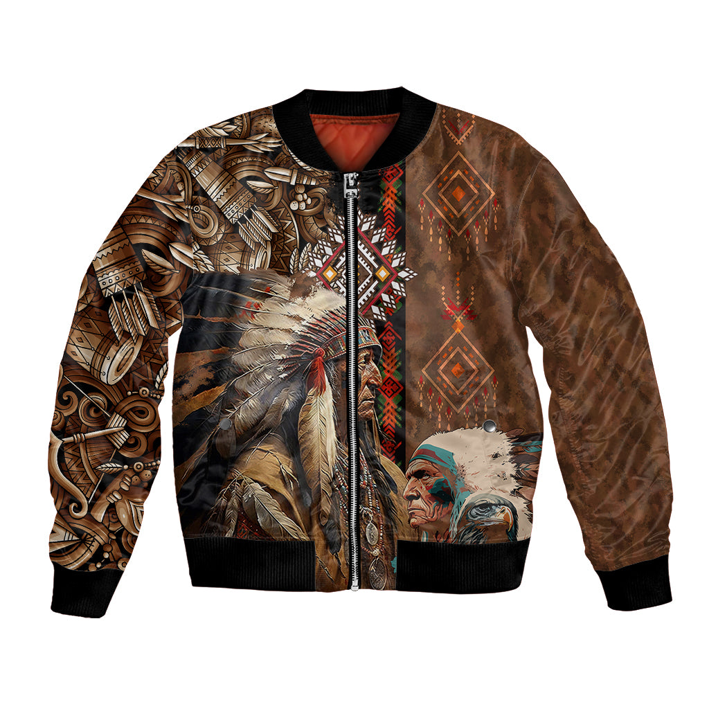 Native American Chiefs Headdress Warrior With Eagle Wolves Bomber Jacket - Wonder Print Shop