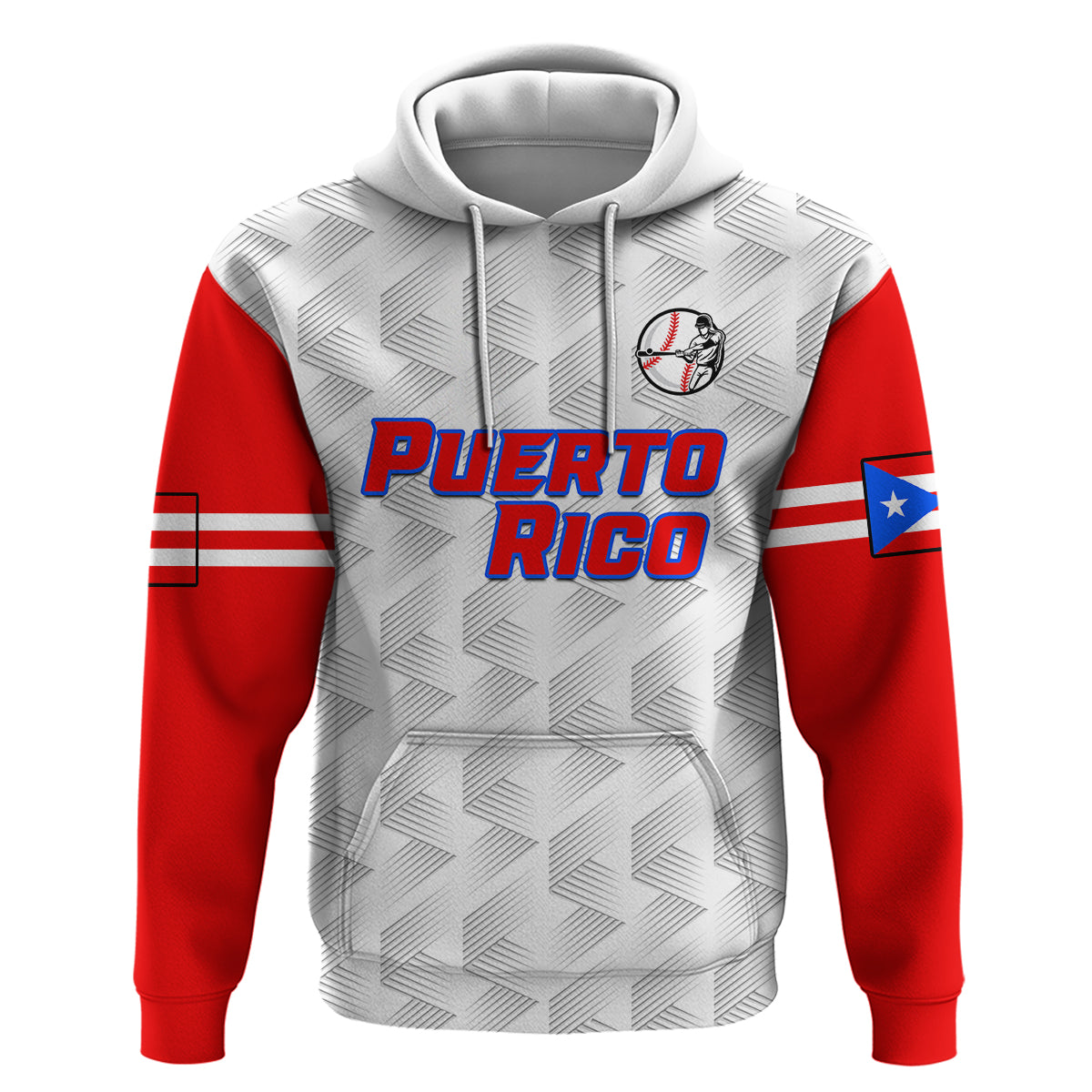 Pullover baseball hoodie with hood, Puerto Rico logo on chest, red striped sleeves