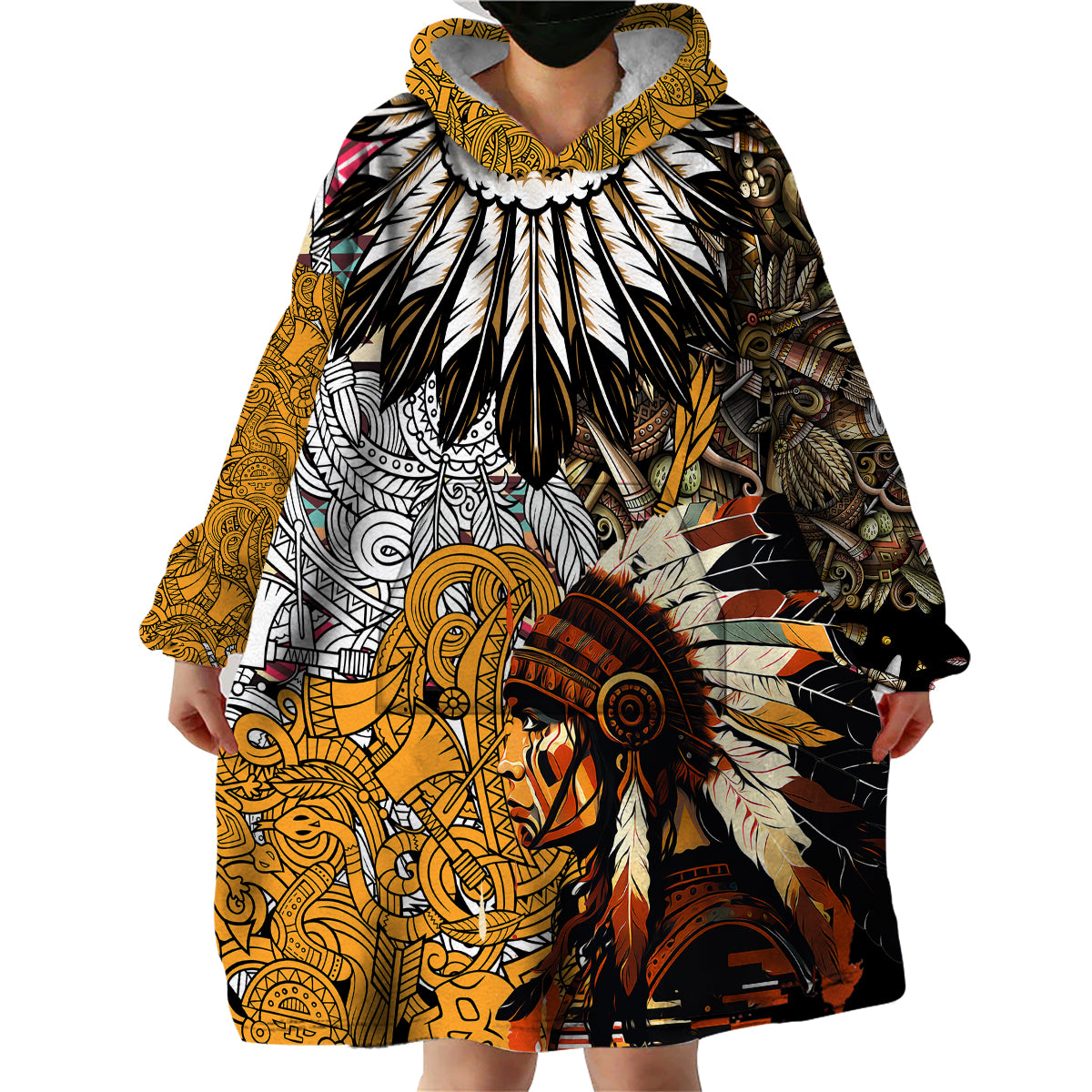 Native American Feather Hand Drawn Pattern Wearable Blanket Hoodie - Wonder Print Shop