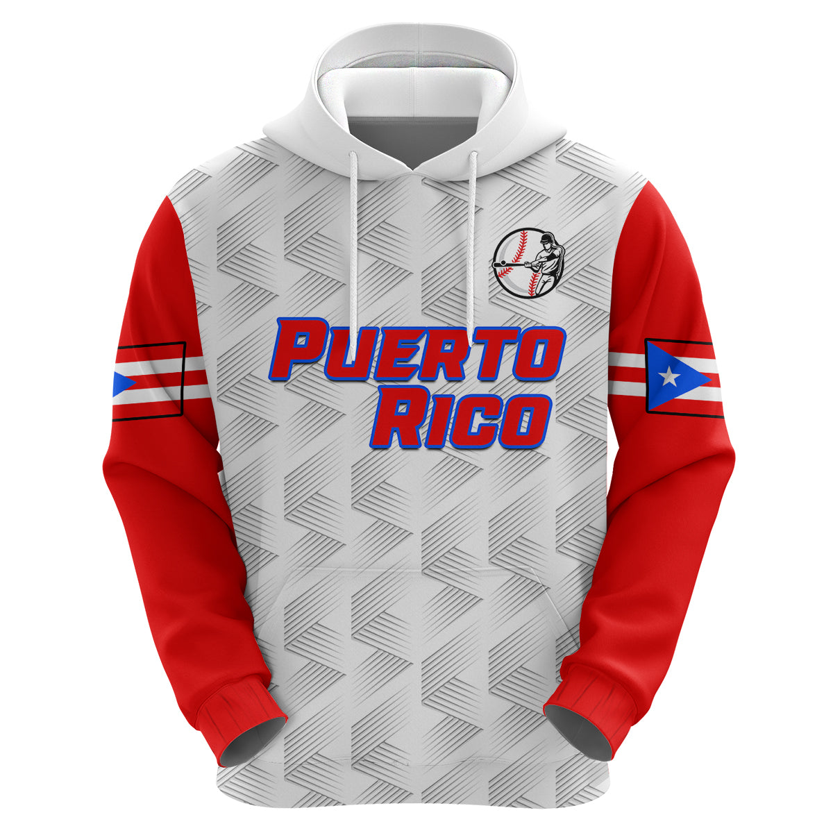 Baseball pullover hoodie with hood, Puerto Rico chest design, red side stripes, flag patch