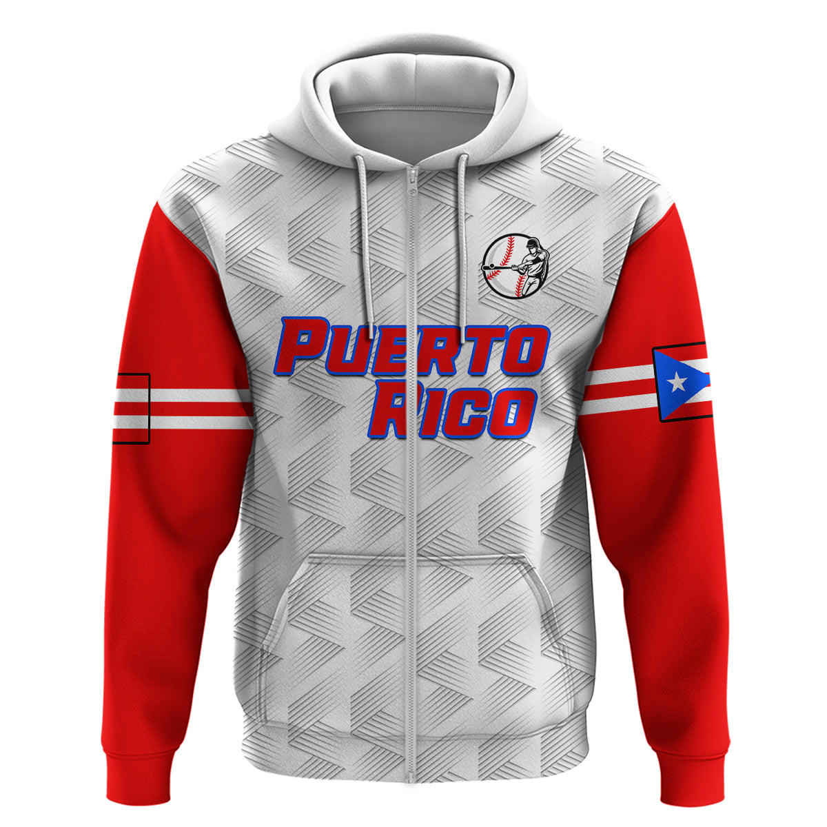 Pullover baseball hoodie with hood, Puerto Rico chest text and baseball emblem, red sleeves