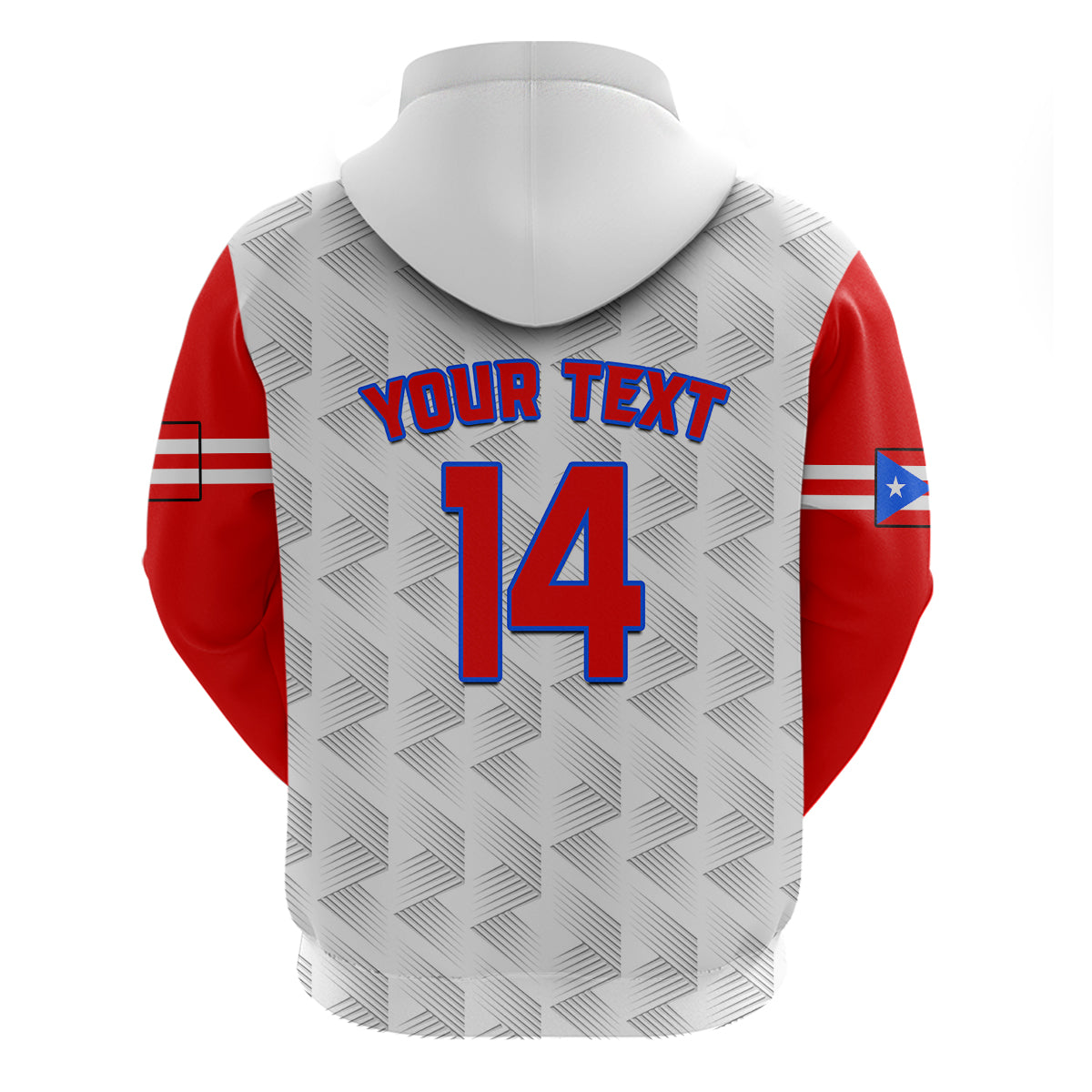 Baseball hoodie with hood, back print with 'YOUR TEXT' and number 14, red sleeves
