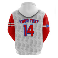 Baseball hoodie with hood, back print with 'YOUR TEXT' and number 14, red sleeves
