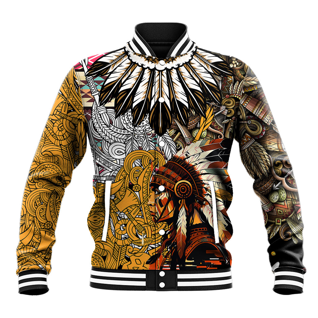 Native American Feather Hand Drawn Pattern Baseball Jacket - Wonder Print Shop