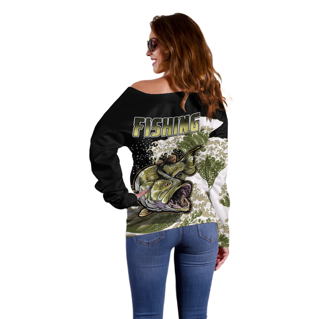 Largemouth Bass Fishing Gold Off Shoulder Sweater - Wonder Print Shop