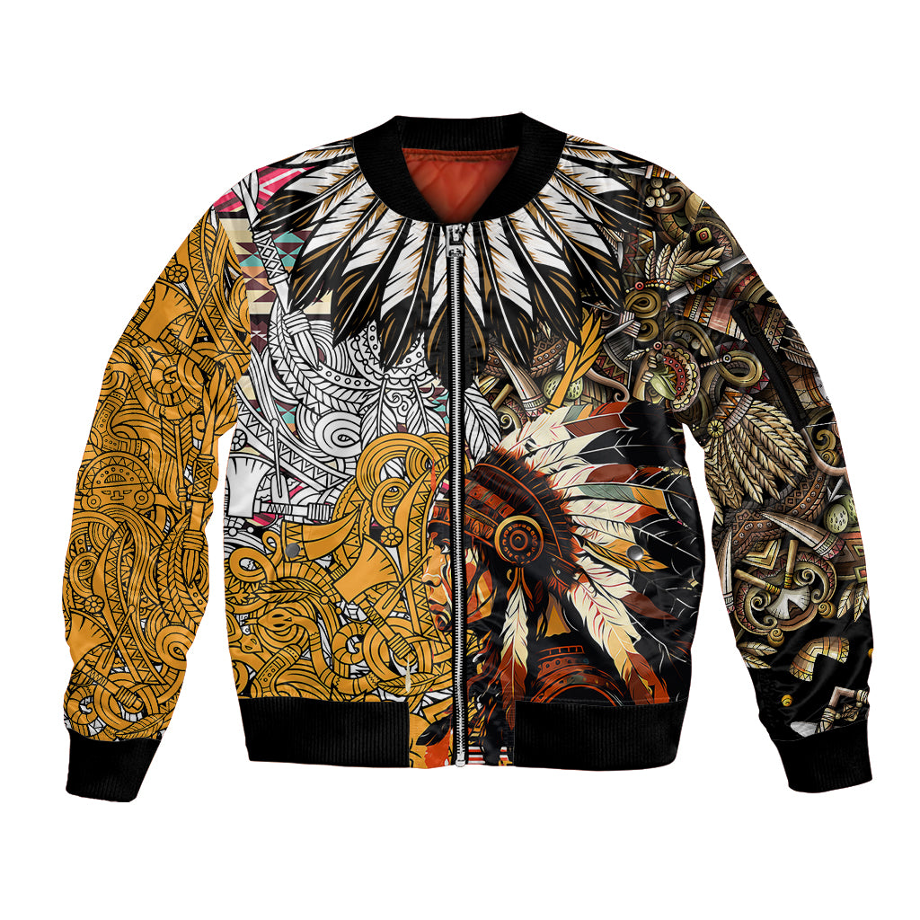 Native American Feather Hand Drawn Pattern Sleeve Zip Bomber Jacket - Wonder Print Shop