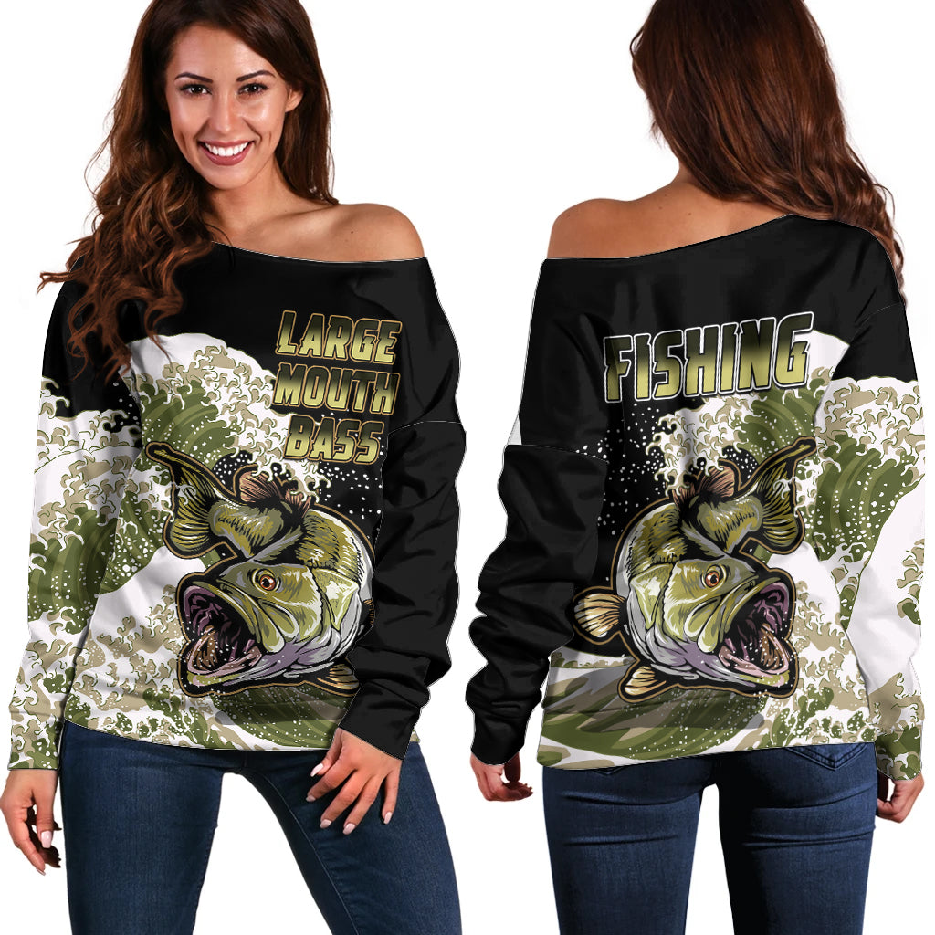 Largemouth Bass Fishing Gold Off Shoulder Sweater - Wonder Print Shop