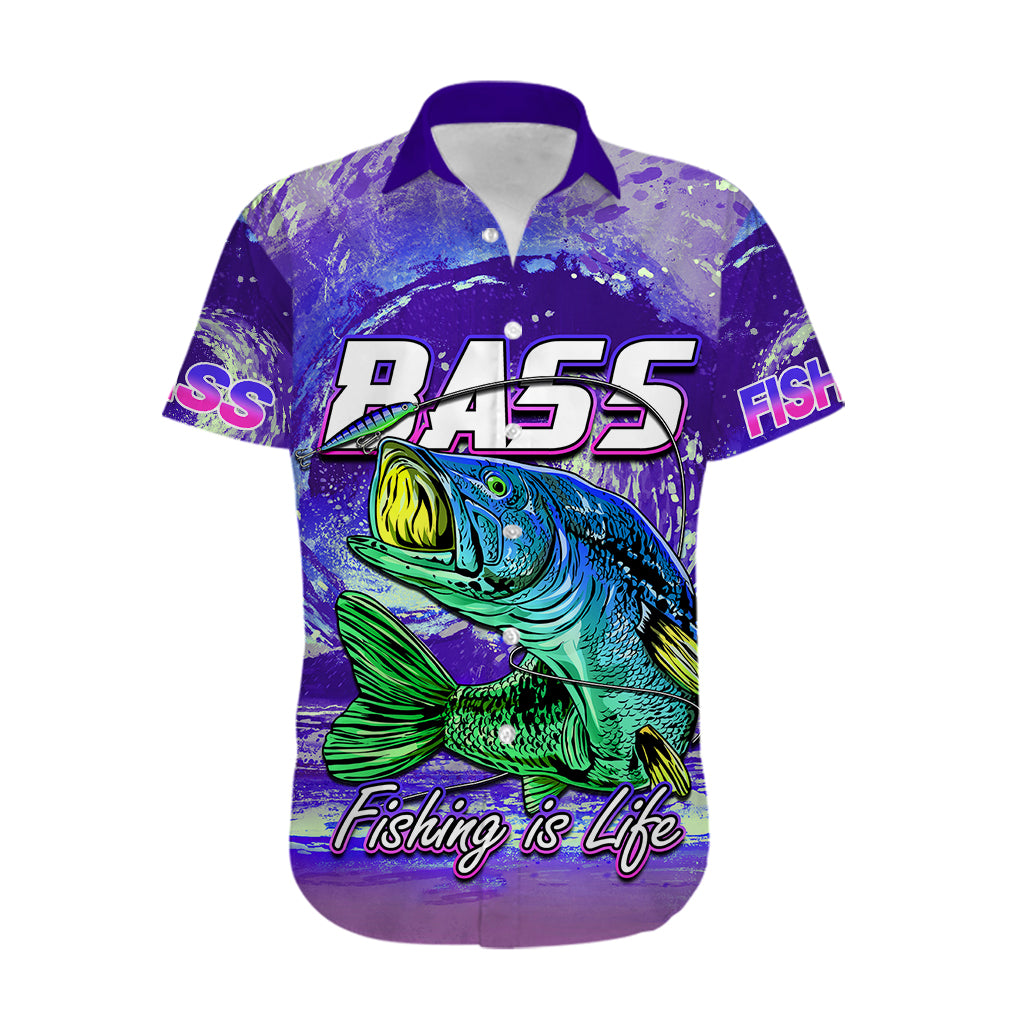 Purple short-sleeve fishing shirt with bass graphic, PA55 logo, Fishing is Life
