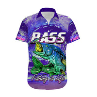 Purple short-sleeve fishing shirt with bass graphic, PA55 logo, Fishing is Life