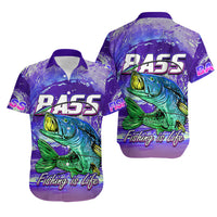 Purple short-sleeve fishing shirt with bass graphic and 'Fishing is Life' text