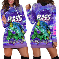 Purple bass fishing hoodie dress with hood and drawstrings, fish graphic, long sleeves