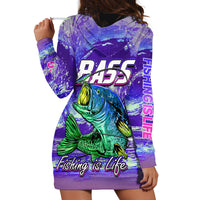 Purple bass fishing hoodie dress with hood and fish graphic, vertical side lettering