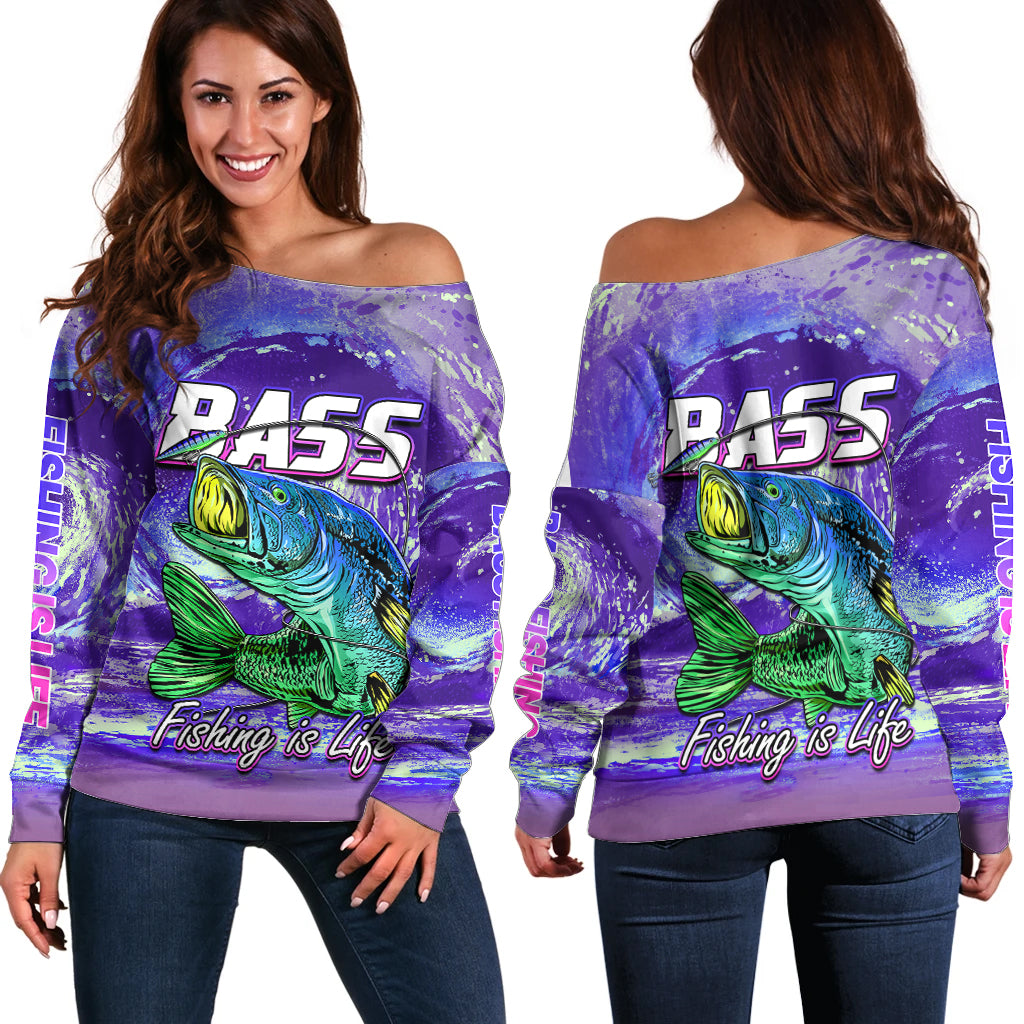 Bass Fishing is Life Hook Sport Largemouth Purple Off Shoulder Sweater - Wonder Print Shop