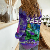 Purple women’s casual shirt with bass illustration and long sleeve text, front view