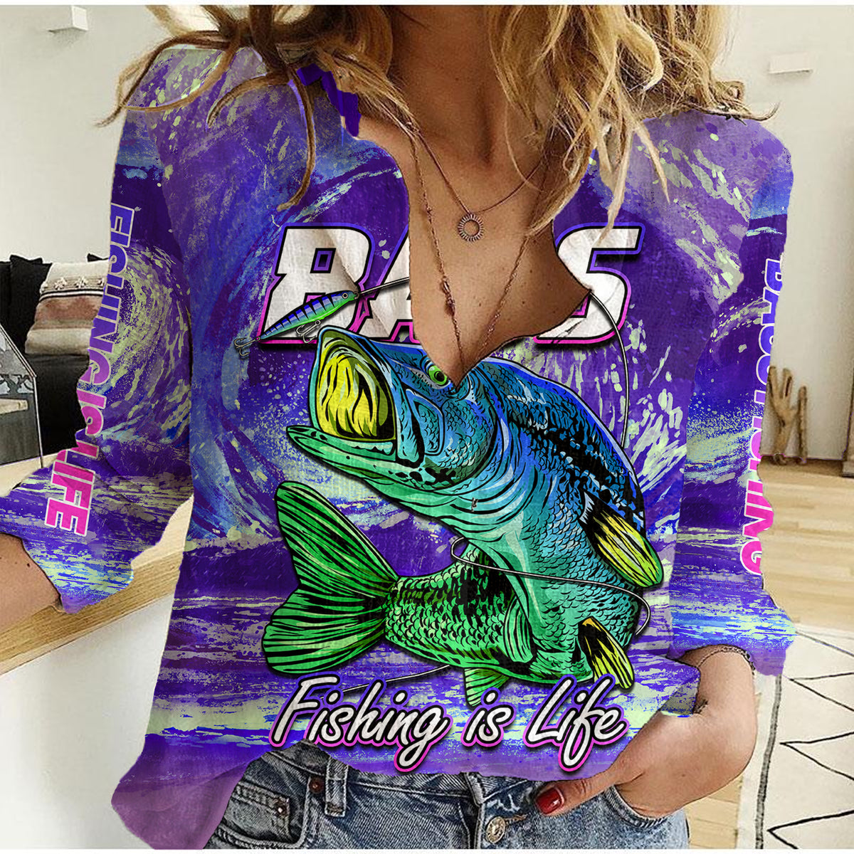 Bass Fishing is Life Hook Sport Largemouth Purple Women Casual Shirt - Wonder Print Shop