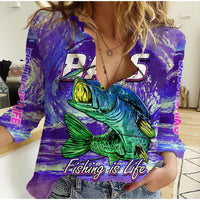 Purple women’s casual shirt with bass fishing graphic, long sleeves