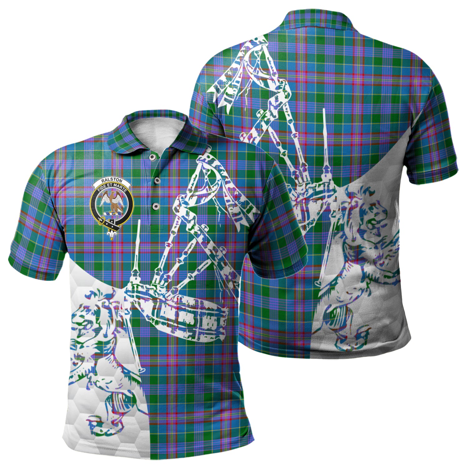 scottish-ralston-clan-crest-tartan-polo-shirt-lion-and-bagpipes-style