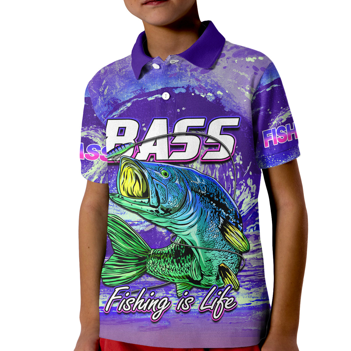 Bass Fishing Polo Shirt Fishing is Life Hook Sport Largemouth Purple for Kid - Wonder Print Shop