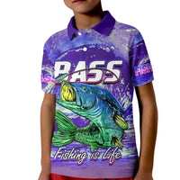 Kids purple fishing polo shirt with bass graphic, short sleeves, button collar