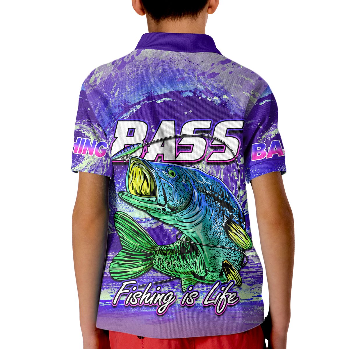 Kids purple fishing polo shirt back view with Bass 425 print and bass graphic, collar