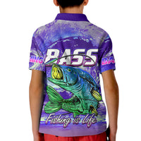 Kids purple fishing polo shirt back view with Bass 425 print and bass graphic, collar