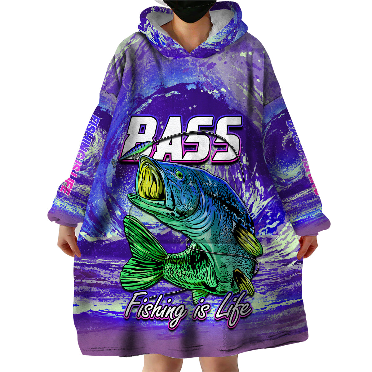 Purple wearable blanket hoodie with hood, large bass graphic and “Fishing is Life” print