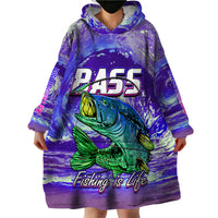 Purple wearable blanket hoodie with hood, large bass graphic and “Fishing is Life” print