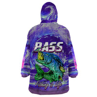Purple wearable blanket hoodie, back view with bass graphic and vertical “Bass” text