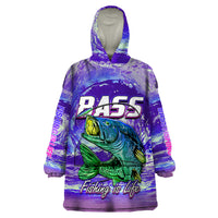 Purple wearable blanket hoodie with hood, front bass graphic and “Fishing is Life” text
