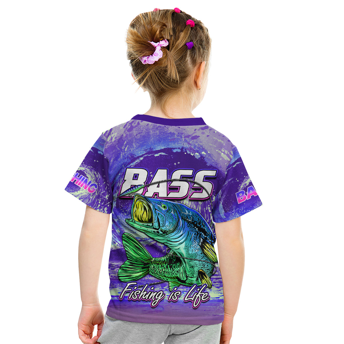 Kids purple bass fishing T-shirt, back view, short sleeves and crew neck