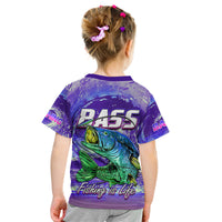 Kids purple bass fishing T-shirt, back view, short sleeves and crew neck