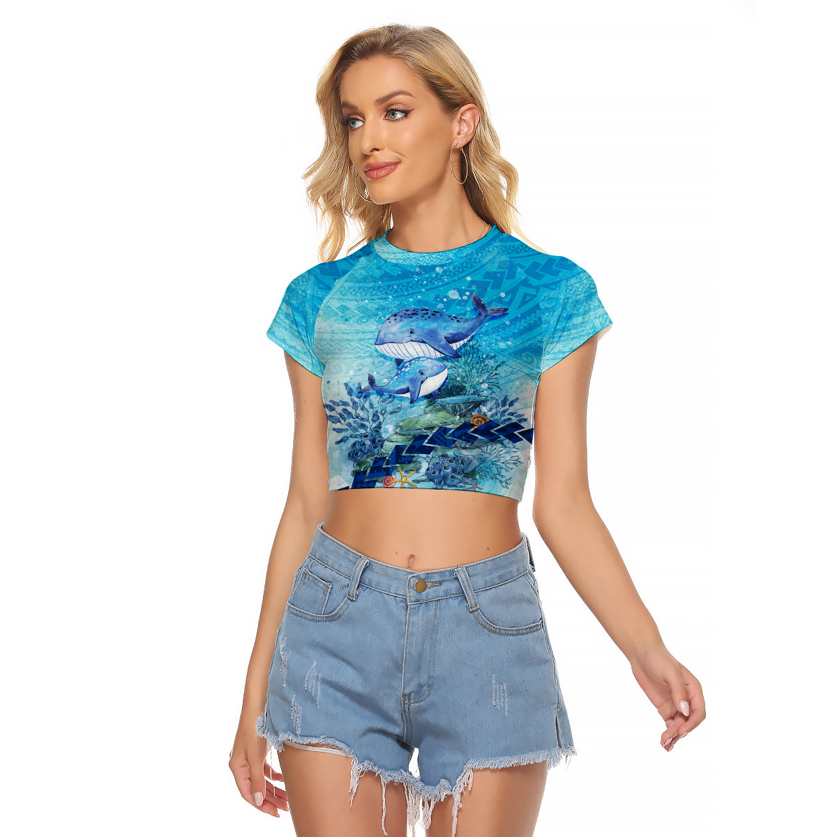 Mother and Baby Whale Mix Polynesian Style Raglan Cropped T Shirt TS07 - Wonder Print Shop