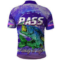 Purple fishing polo shirt, back print with bass graphic and “BASS 435” text